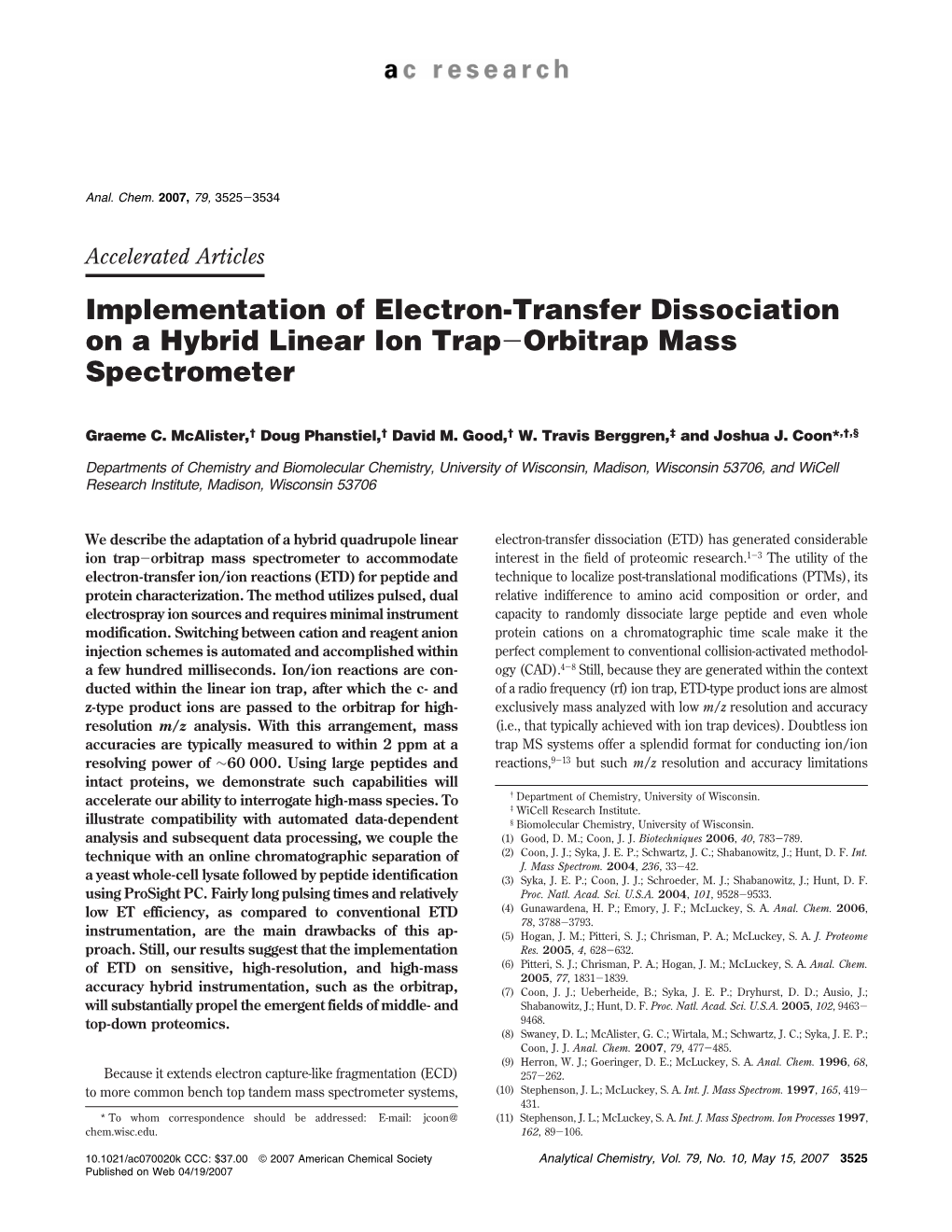 Implementation of Electron-Transfer Dissociation on a Hybrid Linear Ion Trap-Orbitrap Mass Spectrometer