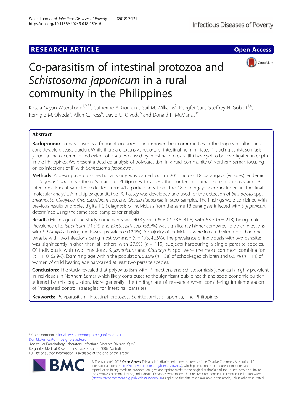 Co-Parasitism of Intestinal Protozoa and Schistosoma Japonicum in a Rural Community in the Philippines Kosala Gayan Weerakoon1,2,3*, Catherine A
