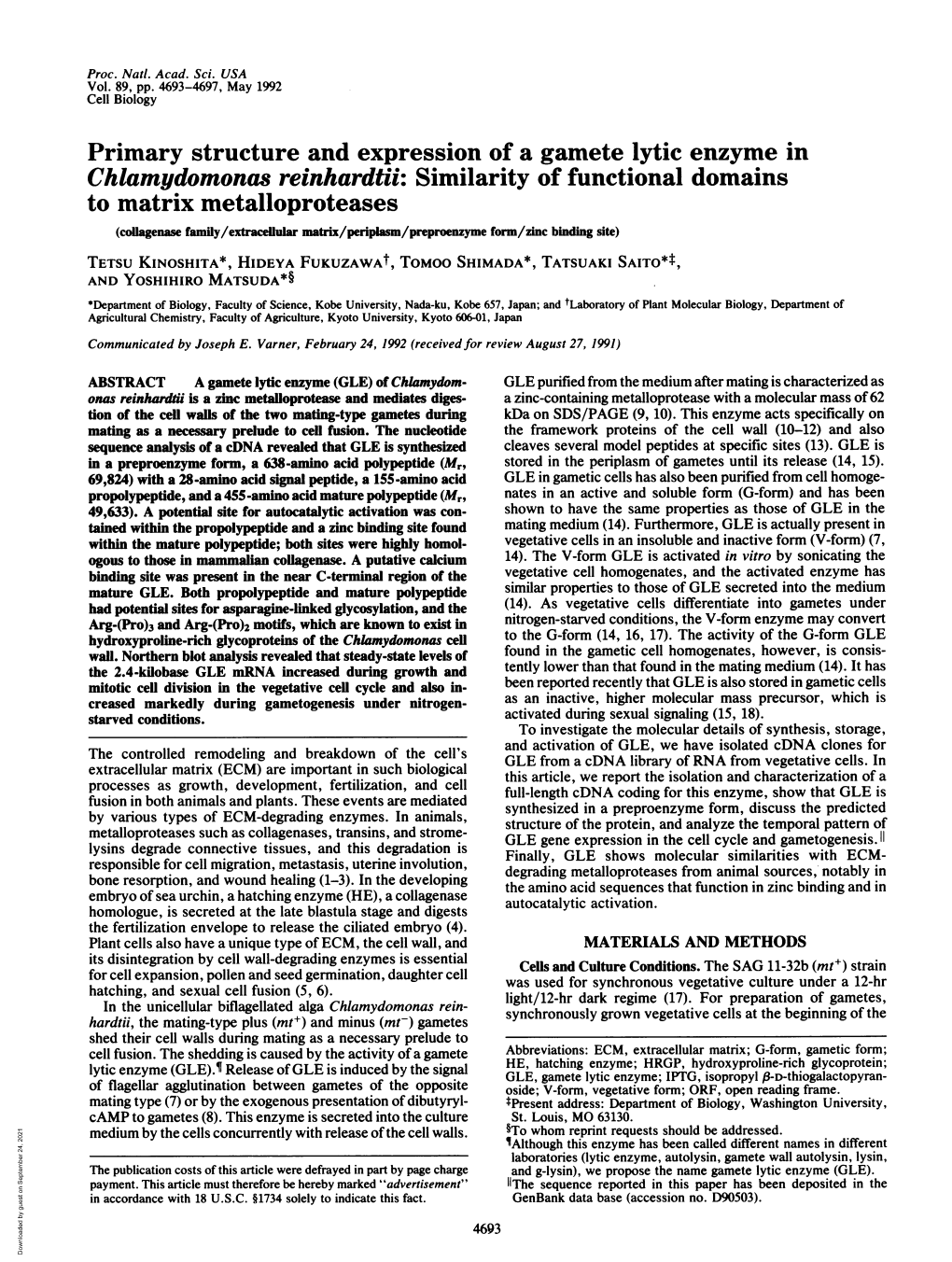 Primary Structure and Expression of a Gamete Lytic Enzyme In