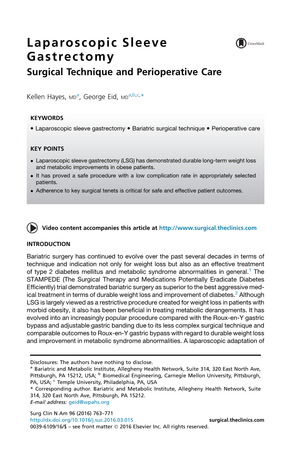 Laparoscopic Sleeve Gastrectomy Surgical Technique and Perioperative Care