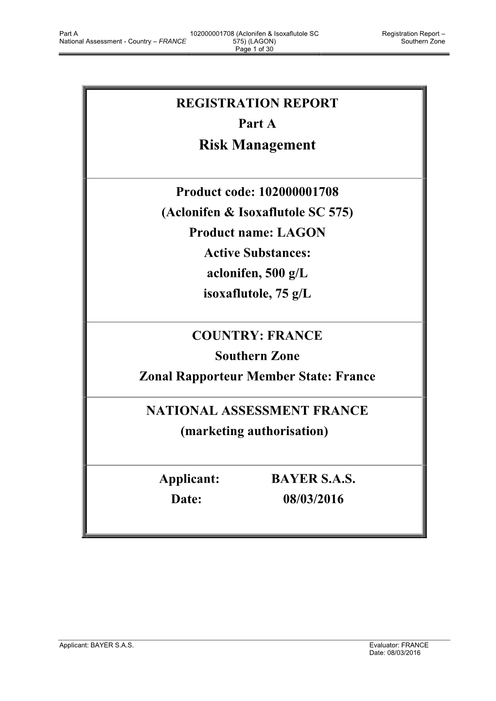 REGISTRATION REPORT Part a Risk Management