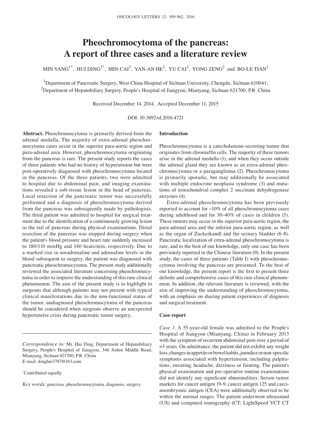 Pheochromocytoma of the Pancreas: a Report of Three Cases and a Literature Review