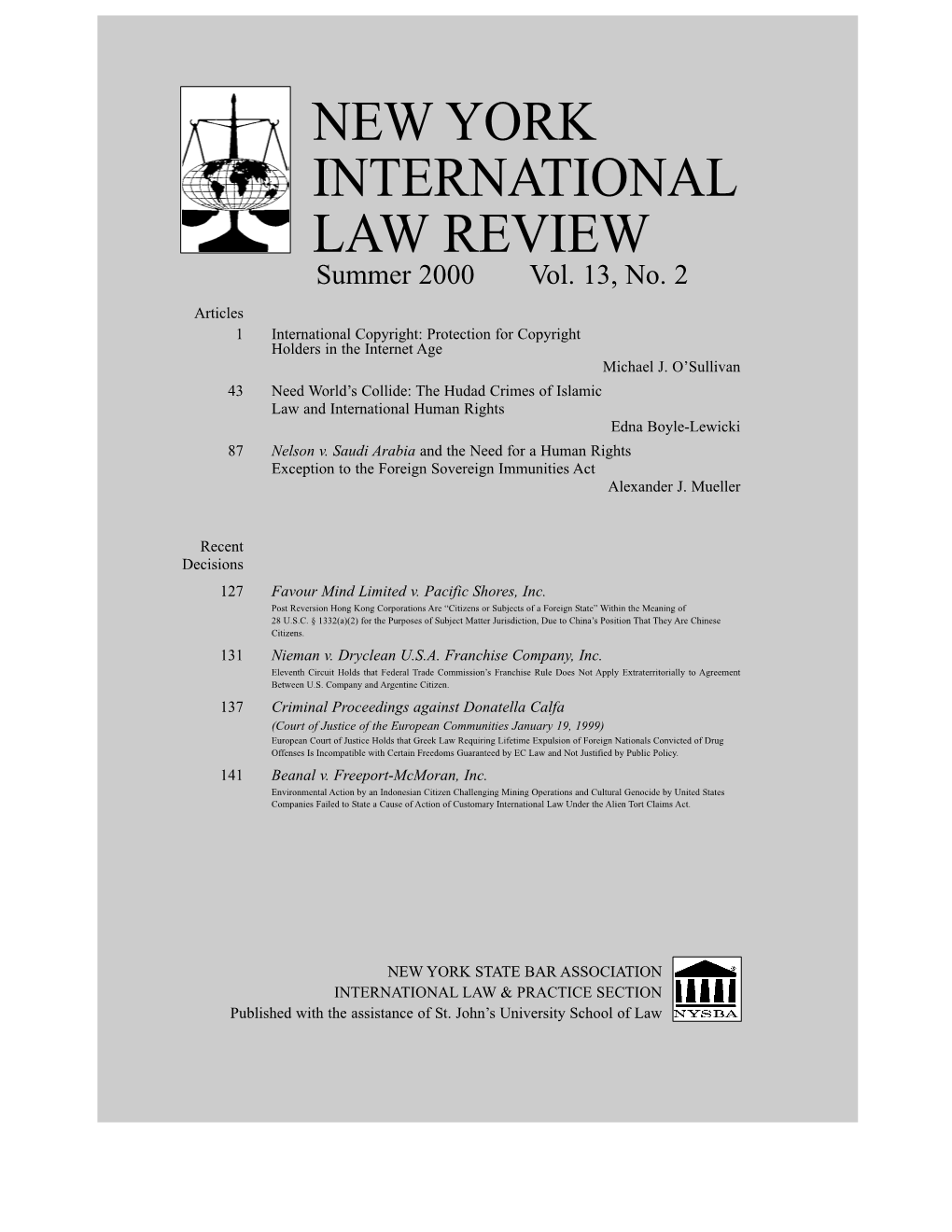 NEW YORK INTERNATIONAL LAW REVIEW Summer 2000 Vol