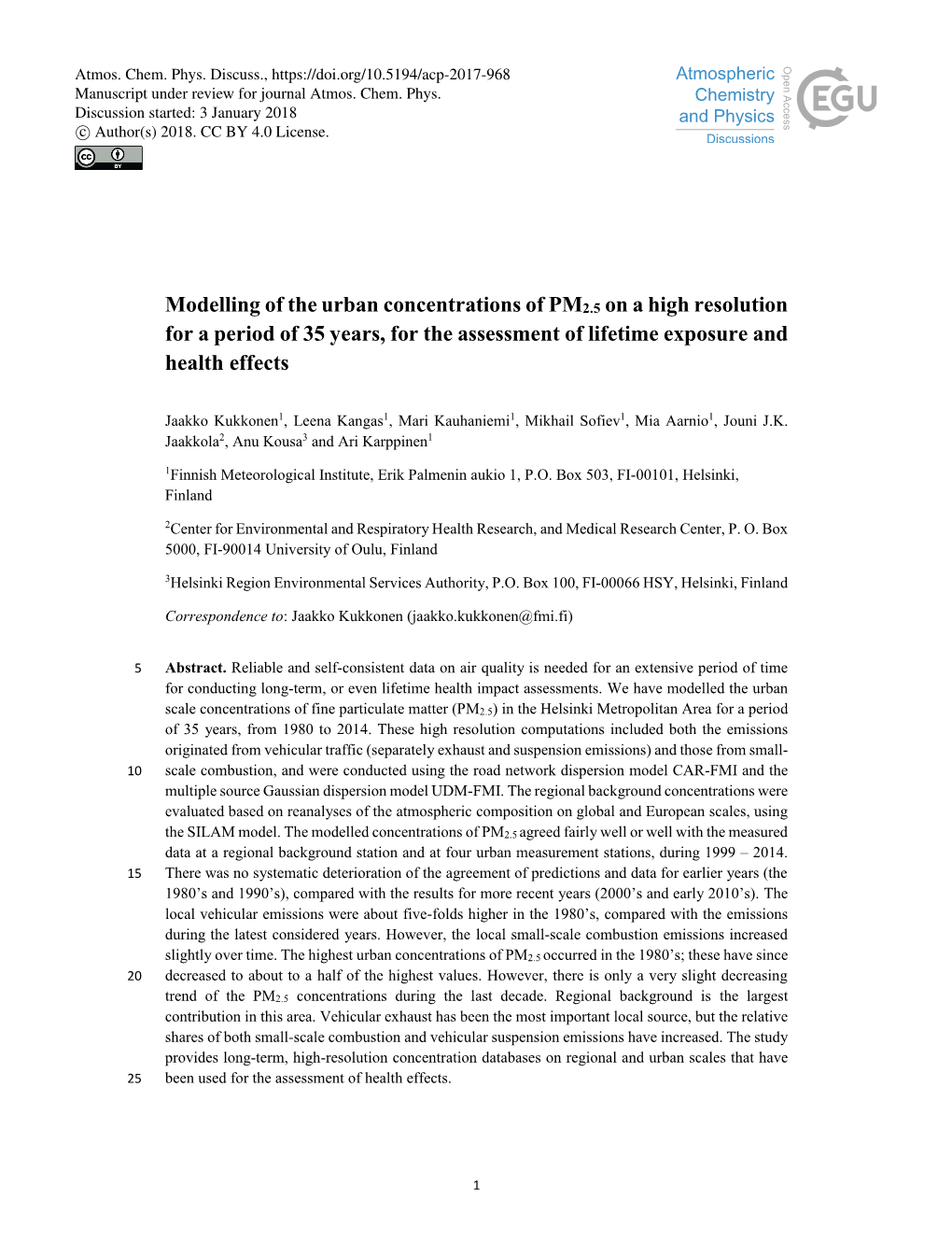 Modelling of the Urban Concentrations of PM2.5 on a High Resolution for a Period of 35 Years, for the Assessment of Lifetime Exposure and Health Effects