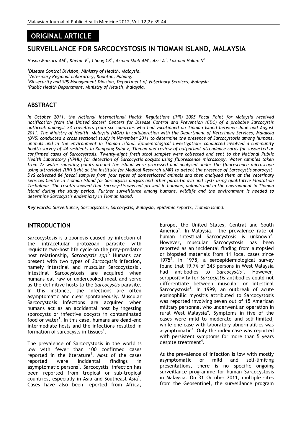 Surveillance for Sarcocystosis in Tioman Island, Malaysia