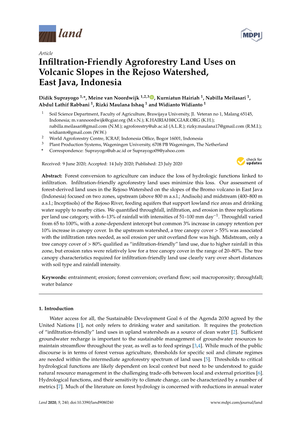 Infiltration-Friendly Agroforestry Land Uses on Volcanic Slopes in the Rejoso Watershed, East Java, Indonesia