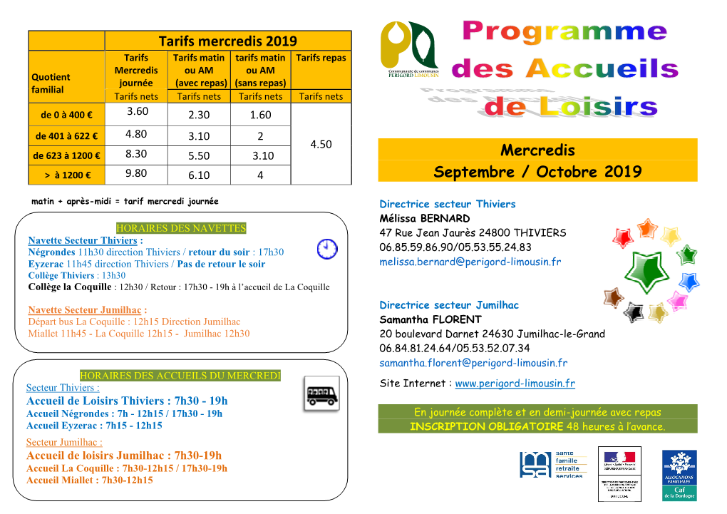 Mercredis Septembre / Octobre 2019 Tarifs Mercredis 2019