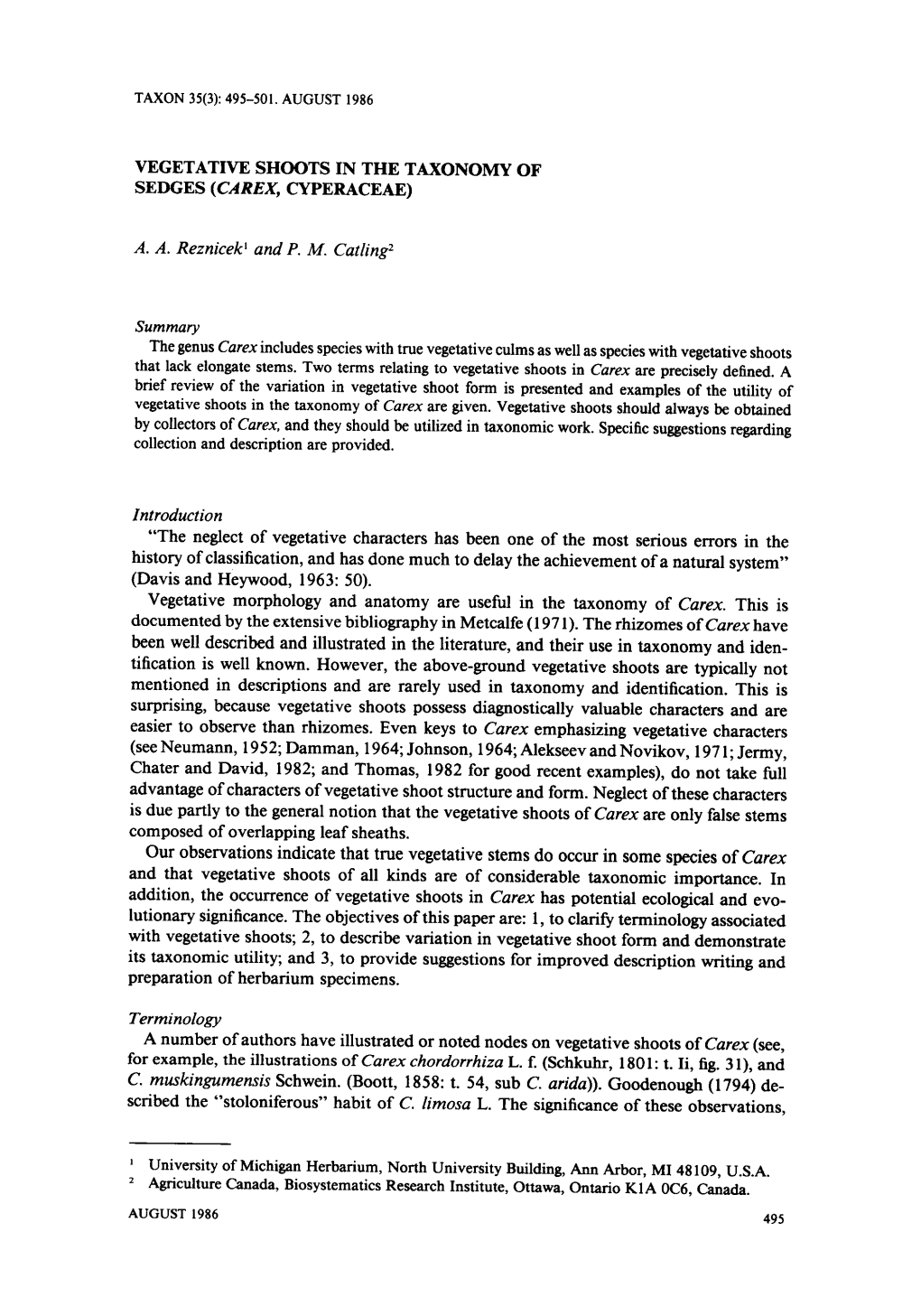 Vegetative Shoots in the Taxonomy of Sedges (Carex, Cyperaceae)