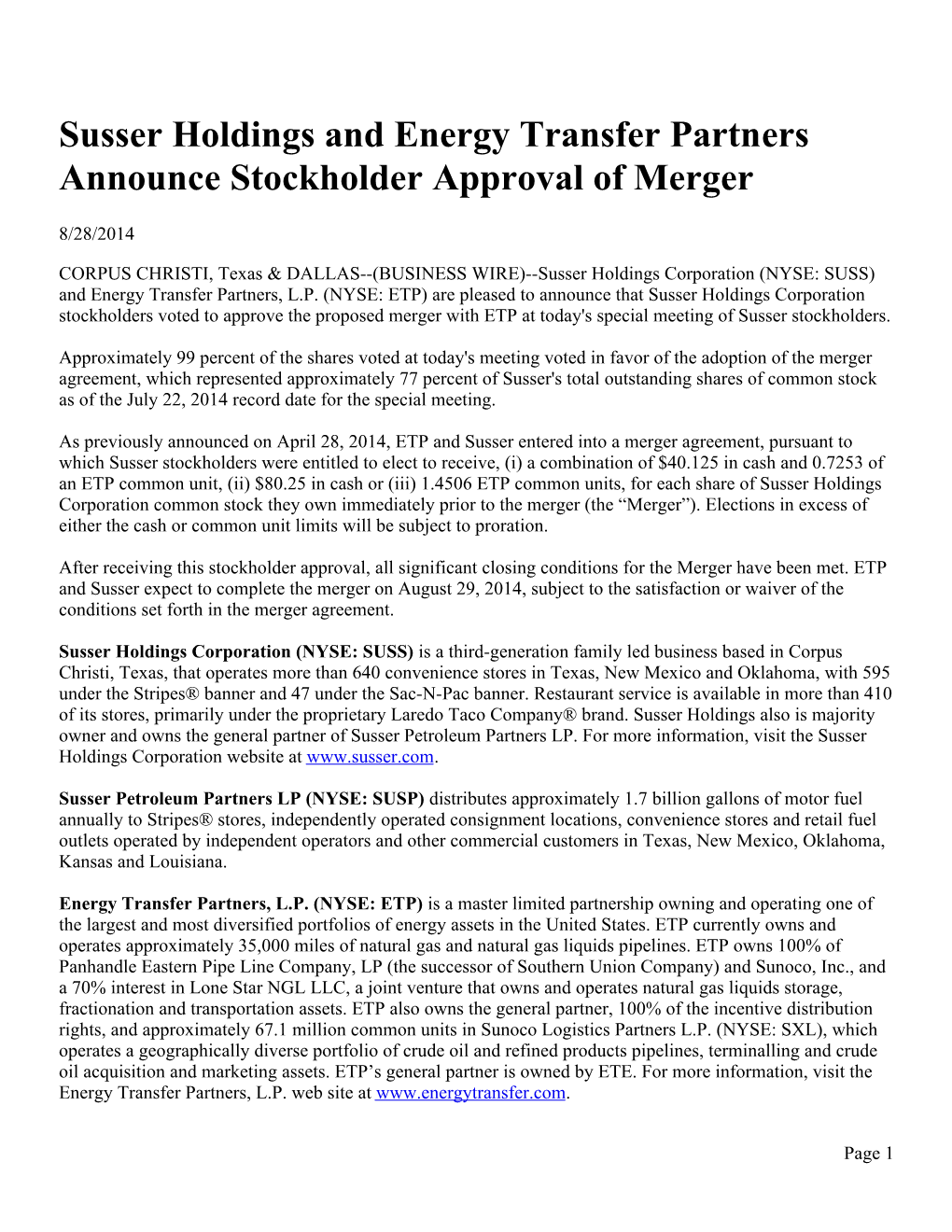 Susser Holdings and Energy Transfer Partners Announce Stockholder Approval of Merger