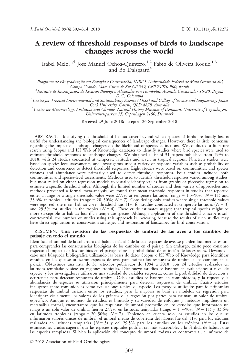 A Review of Threshold Responses of Birds to Landscape Changes Across the World