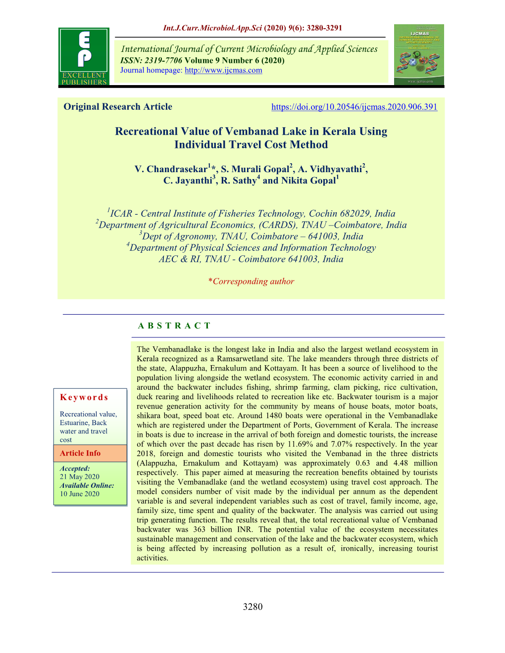 Recreational Value of Vembanad Lake in Kerala Using Individual Travel Cost Method