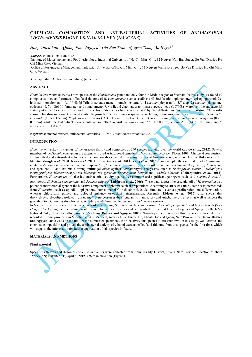 Chemical Composition and Antibacterial Activities of Homalomena Vietnamensis Bogner & V