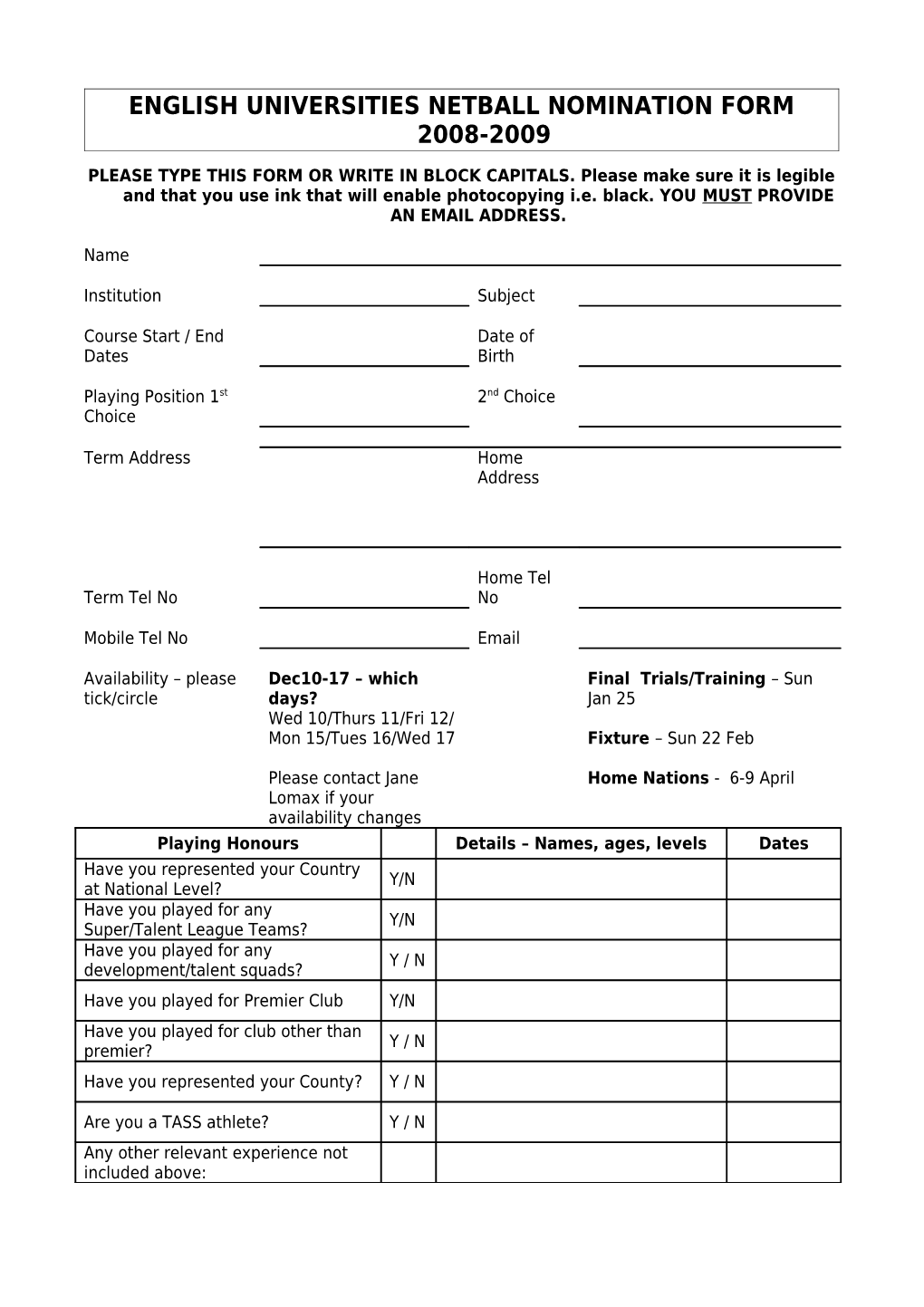 English Universities Netball Nomination Form