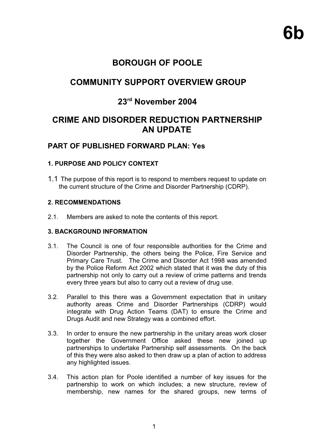 Crime and Disorder Reduction Partnership an Update
