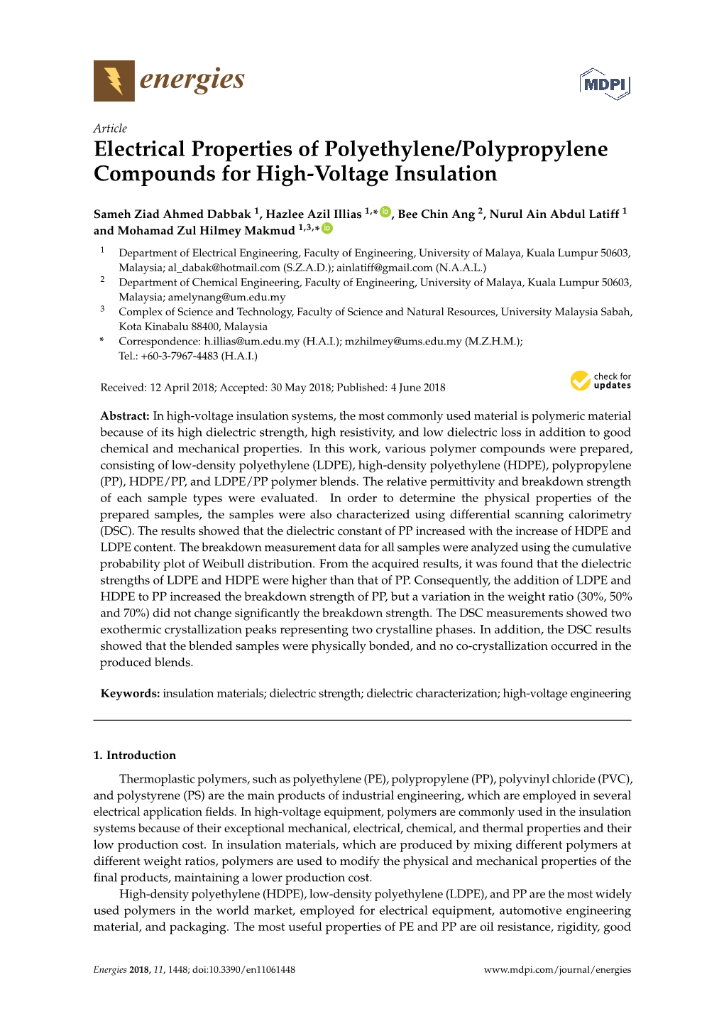 Electrical Properties of Polyethylene/Polypropylene Compounds for High-Voltage Insulation