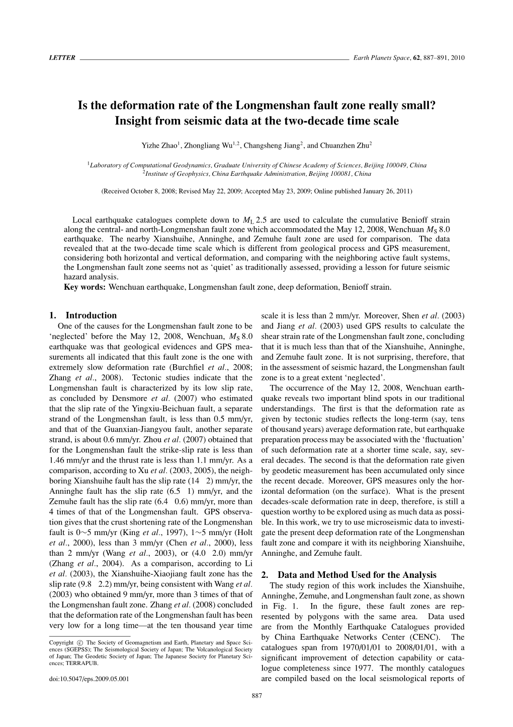 Is the Deformation Rate of the Longmenshan Fault Zone Really Small? Insight from Seismic Data at the Two-Decade Time Scale