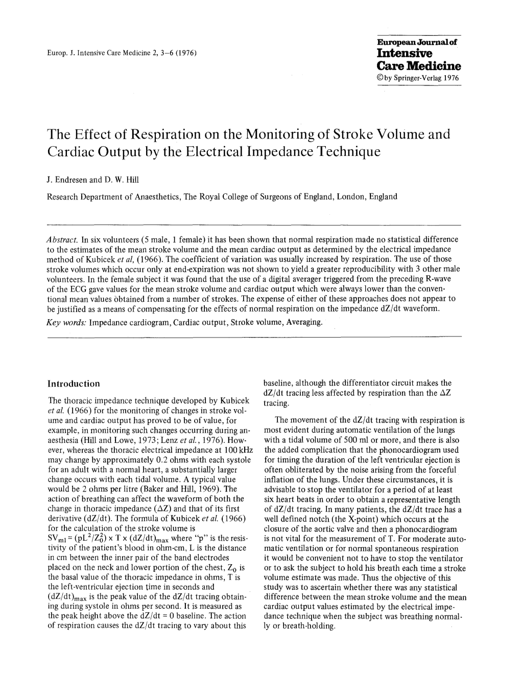 The Effect of Respiration on the Monitoring of Stroke Volume and Cardiac Output by the Electrical Impedance Technique