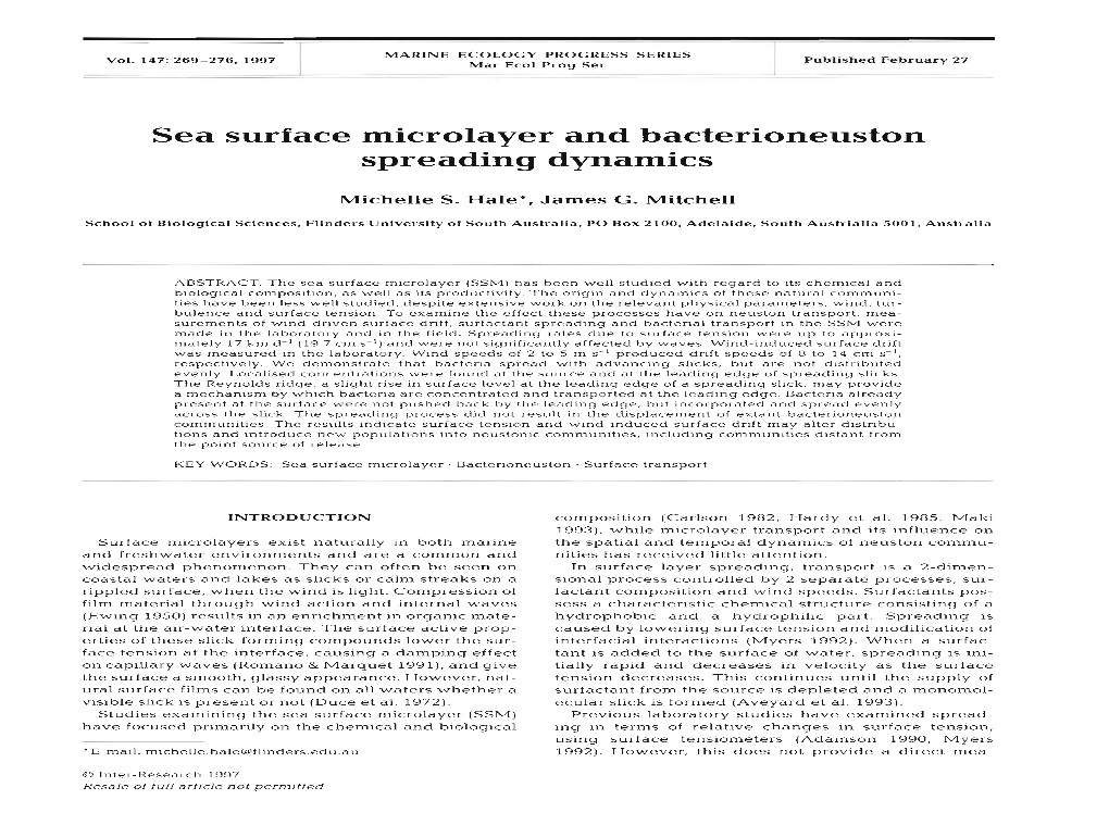 Sea Surface Microlayer and Bacterioneuston Spreading Dynamics