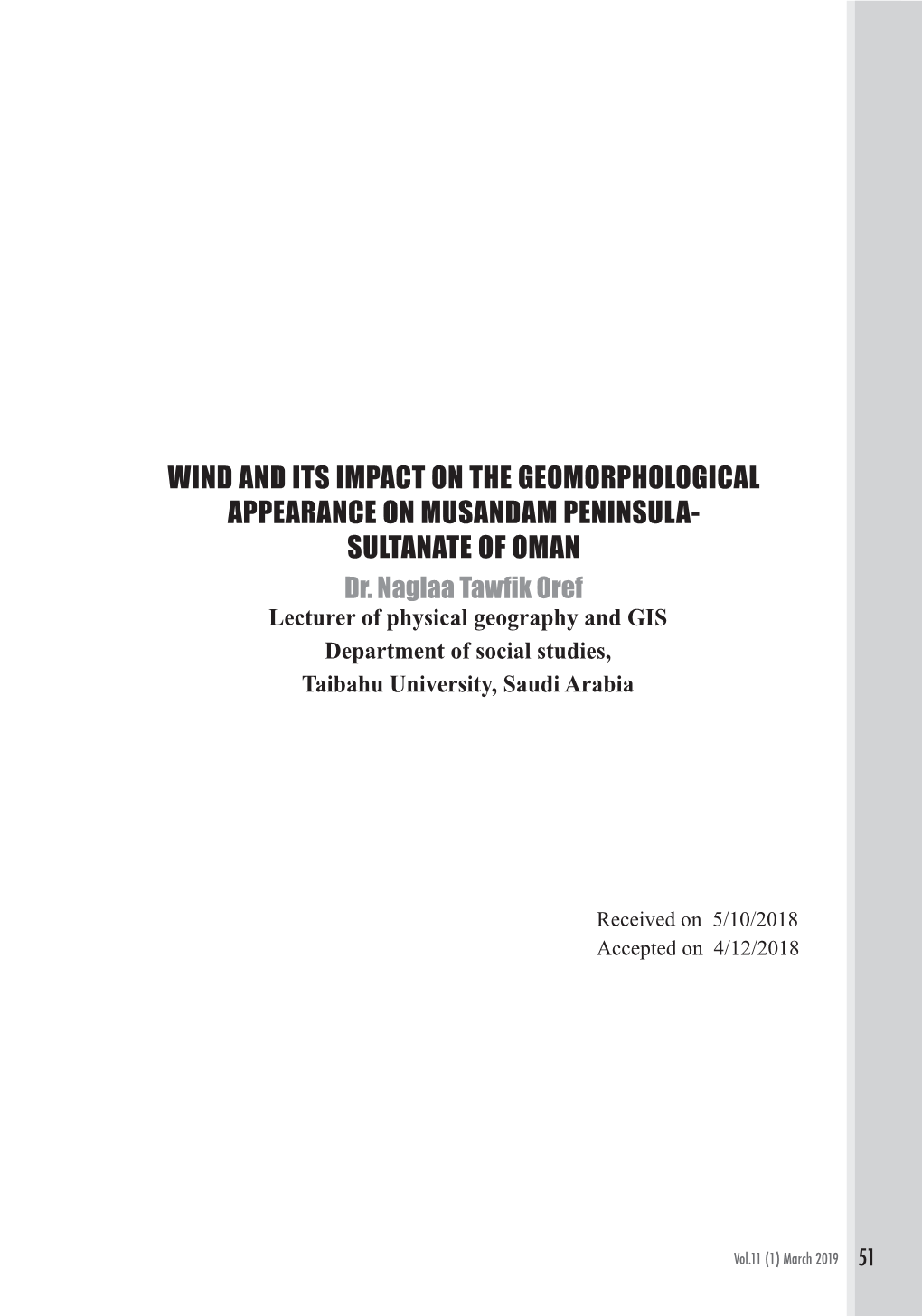 WIND and ITS IMPACT on the GEOMORPHOLOGICAL APPEARANCE on MUSANDAM PENINSULA- SULTANATE of OMAN Dr