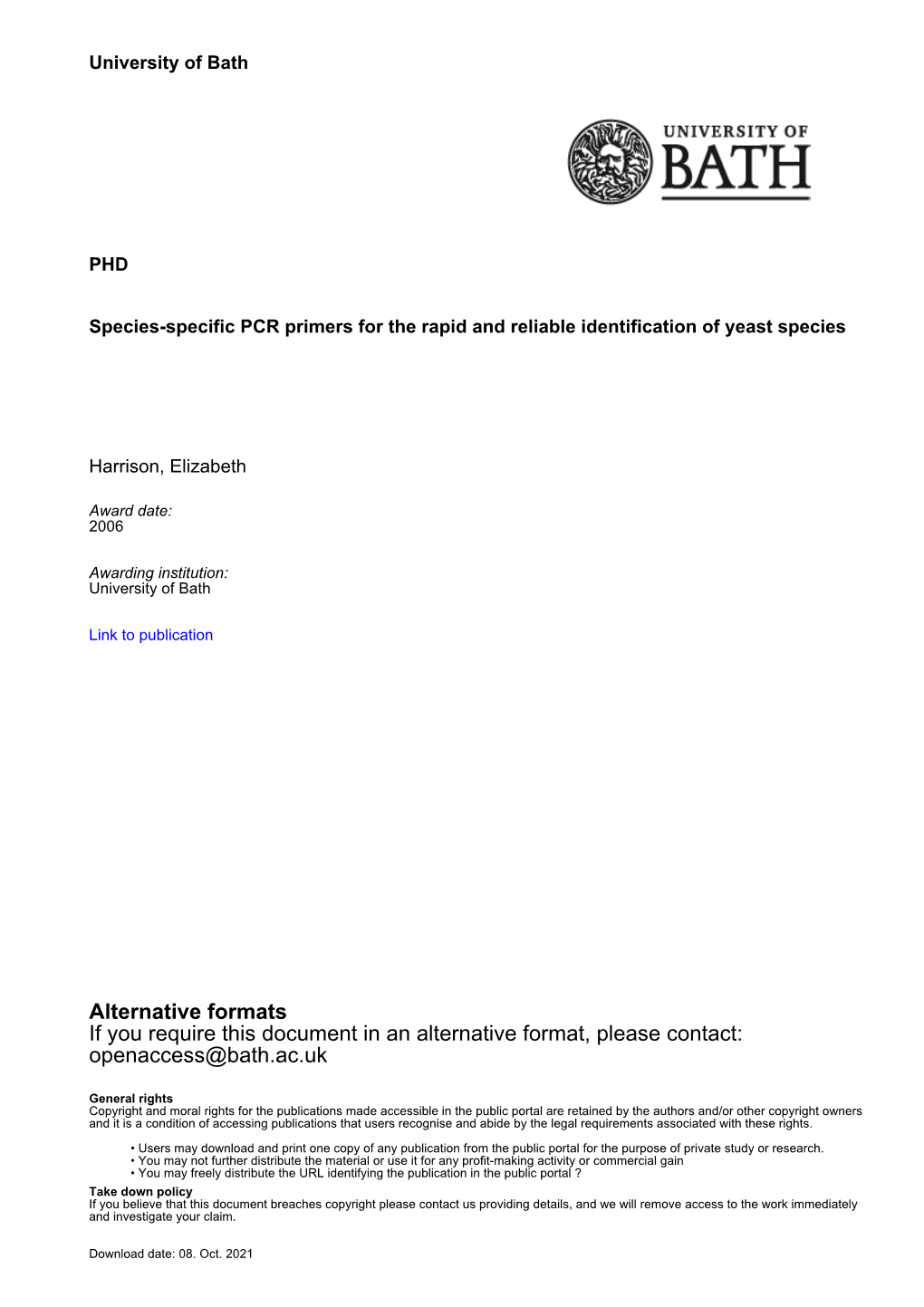 Alternative Formats If You Require This Document in an Alternative Format, Please Contact: Openaccess@Bath.Ac.Uk