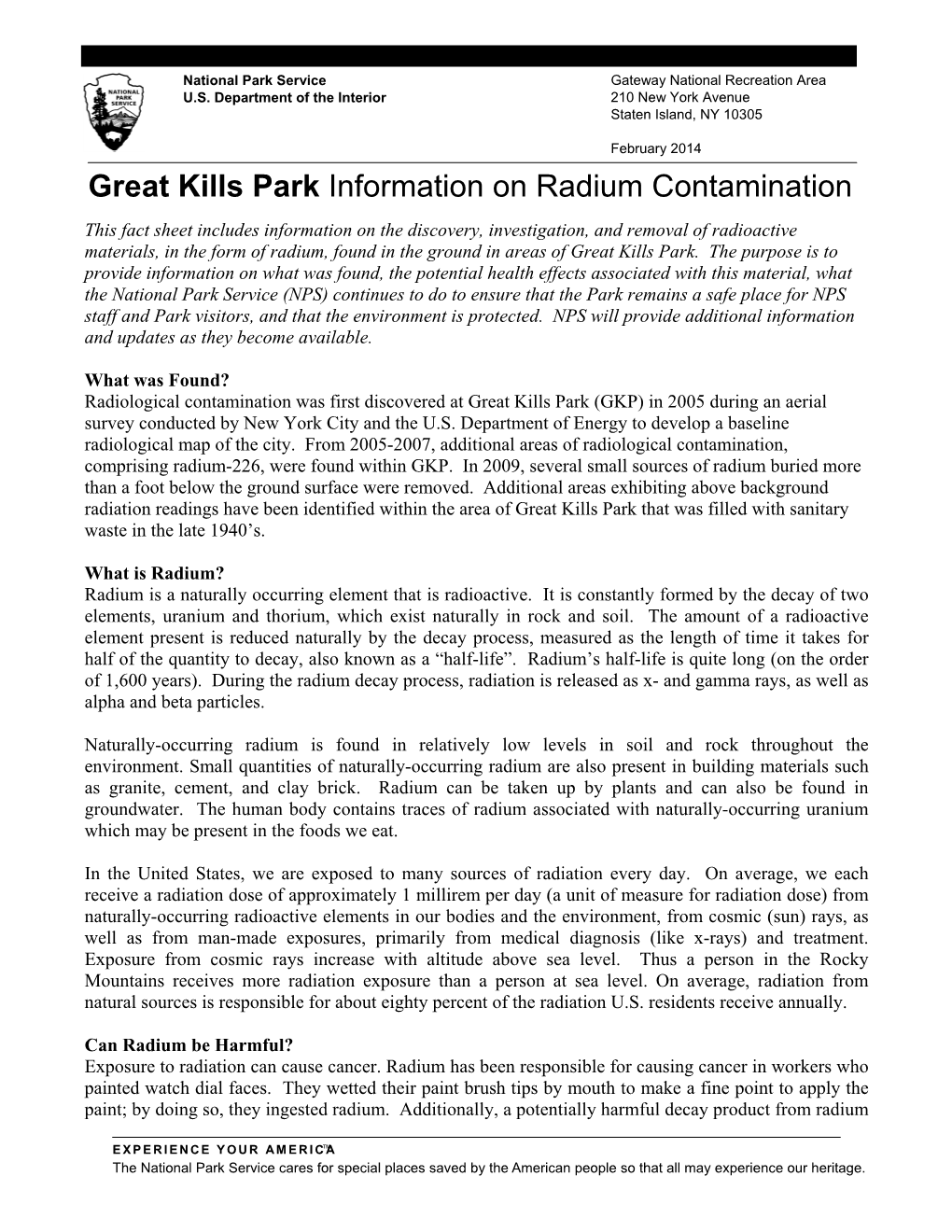 Great Kills Park Information on Radium Contamination