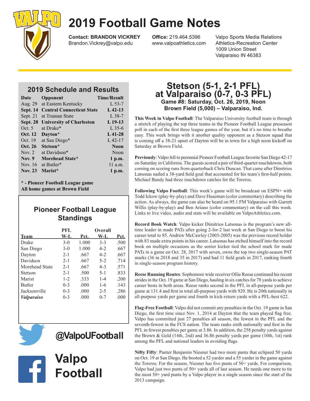 2019 Football Game Notes Valpo Football