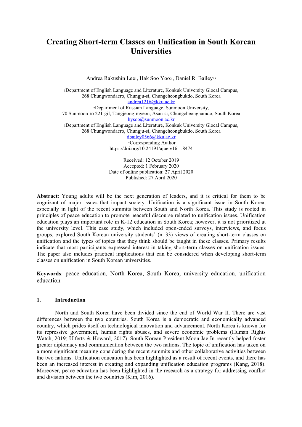 Creating Short-Term Classes on Unification in South Korean Universities