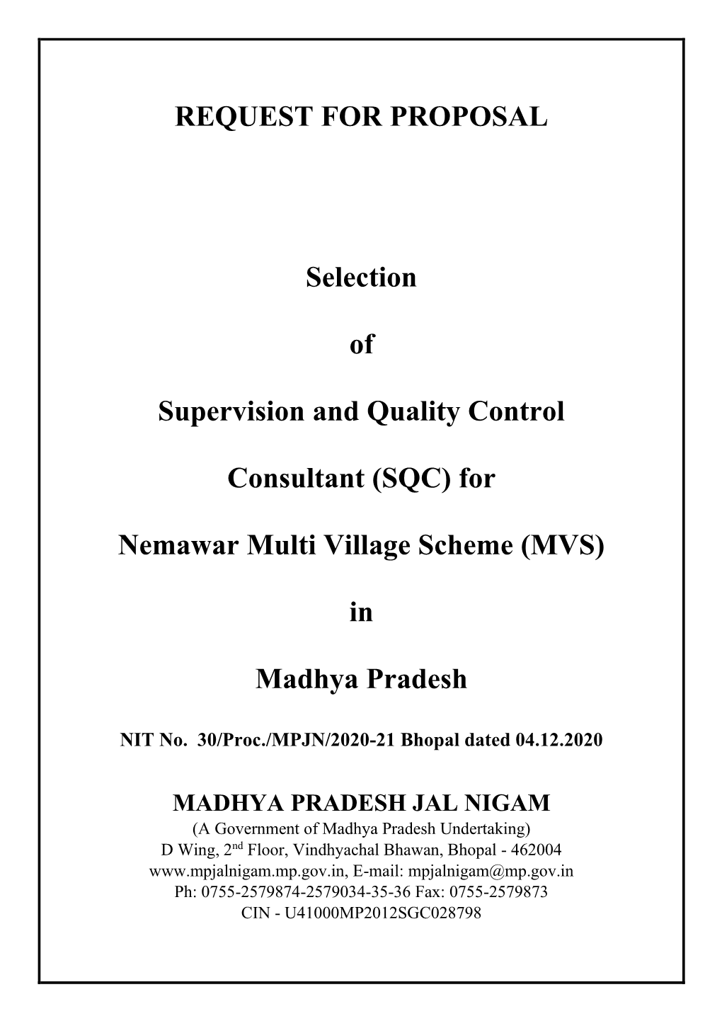 (SQC) for Nemawar Multi Village Scheme (MVS) in Madhya Pradesh Ref.: NIT No.: 30/Proc./MPJN/2020-21