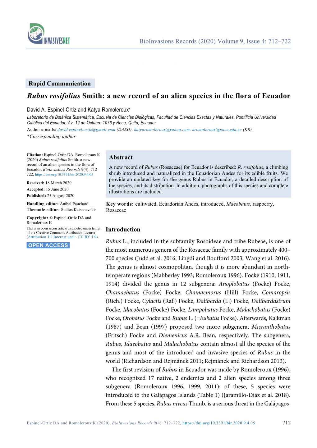 Rubus Rosifolius Smith: a New Record of an Alien Species in the Flora of Ecuador