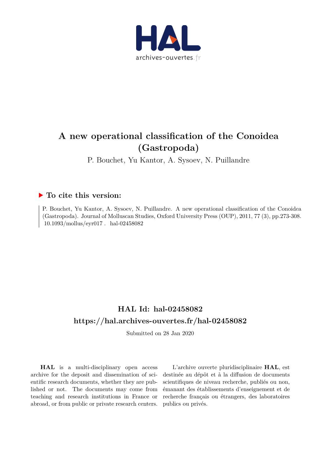 A New Operational Classification of the Conoidea (Gastropoda) P