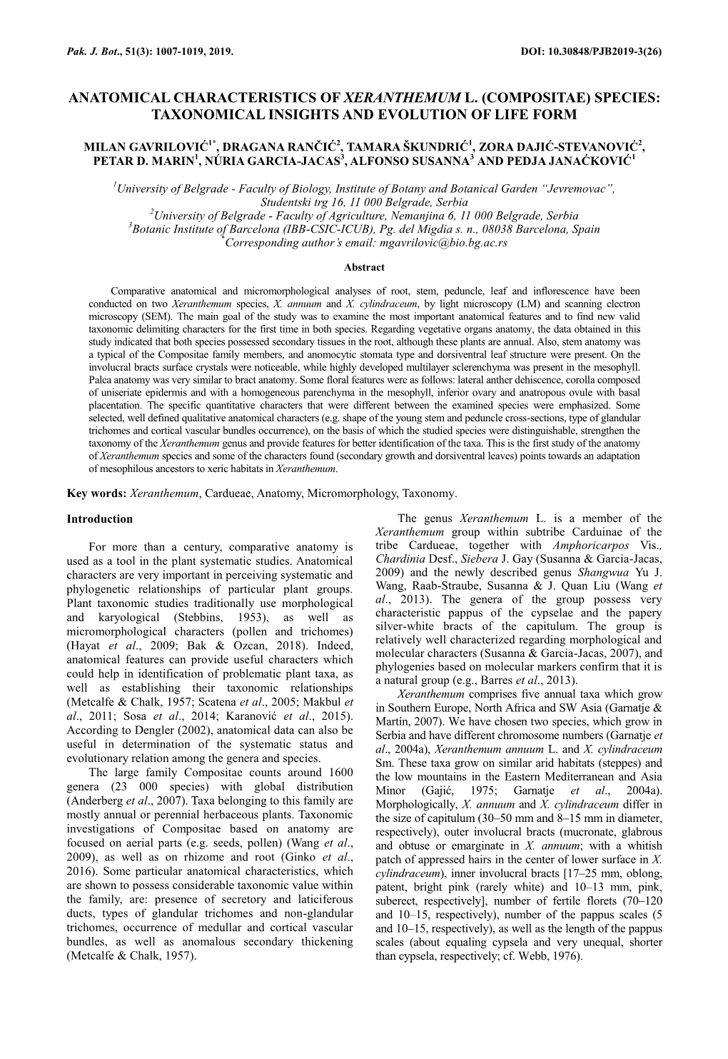 Anatomical Characteristics of Xeranthemum L