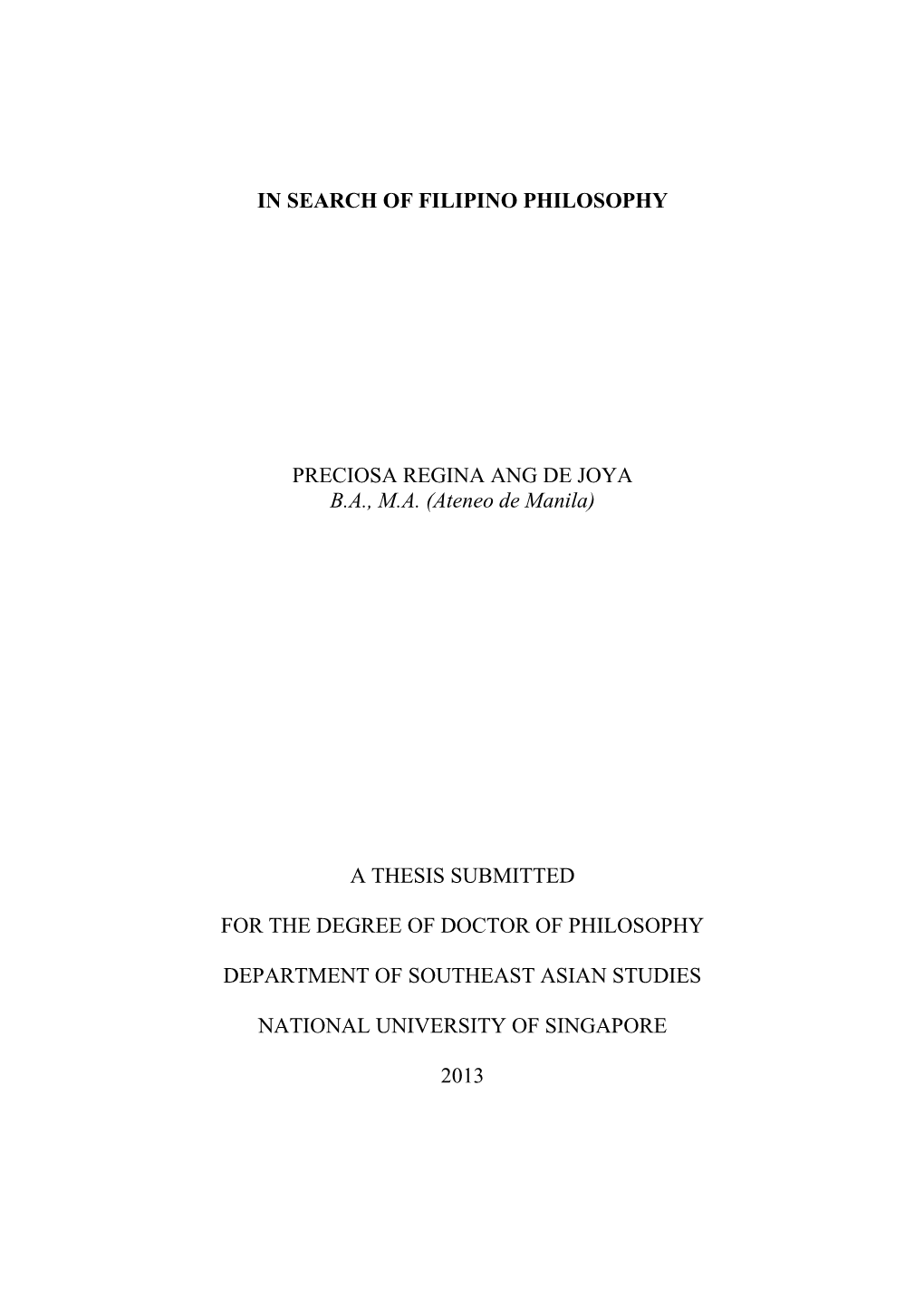 In Search of Filipino Philosophy