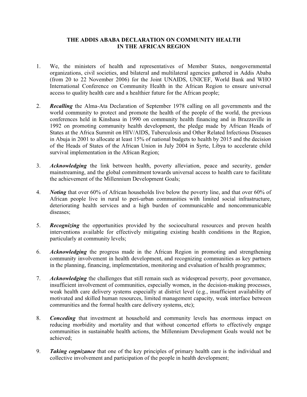 The Addis Ababa Declaration on Community Health in the African Region