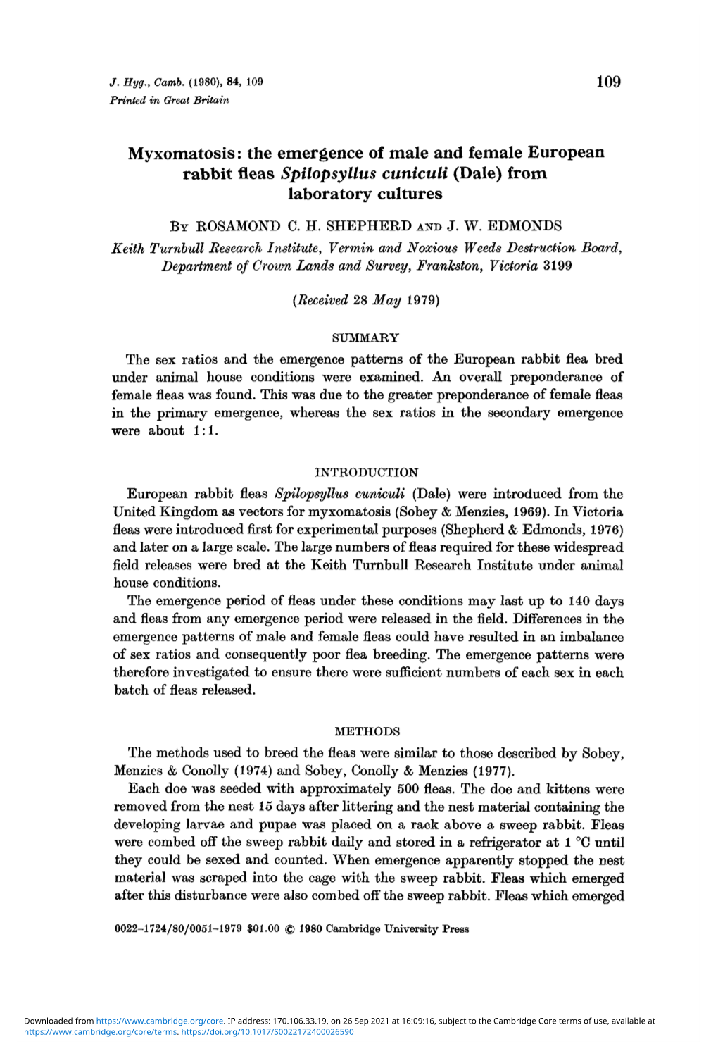 Myxomatosis: the Emergence of Male and Female European Rabbit Fleas Spilopsyllus Cuniculi (Dale) from Laboratory Cultures