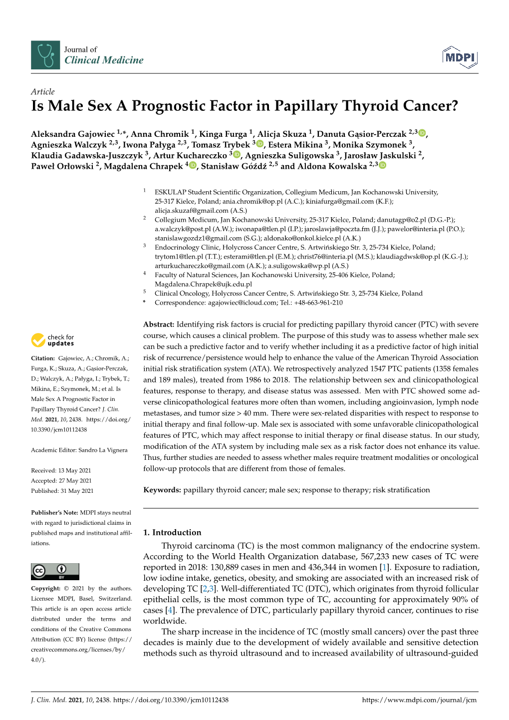 Is Male Sex a Prognostic Factor in Papillary Thyroid Cancer?