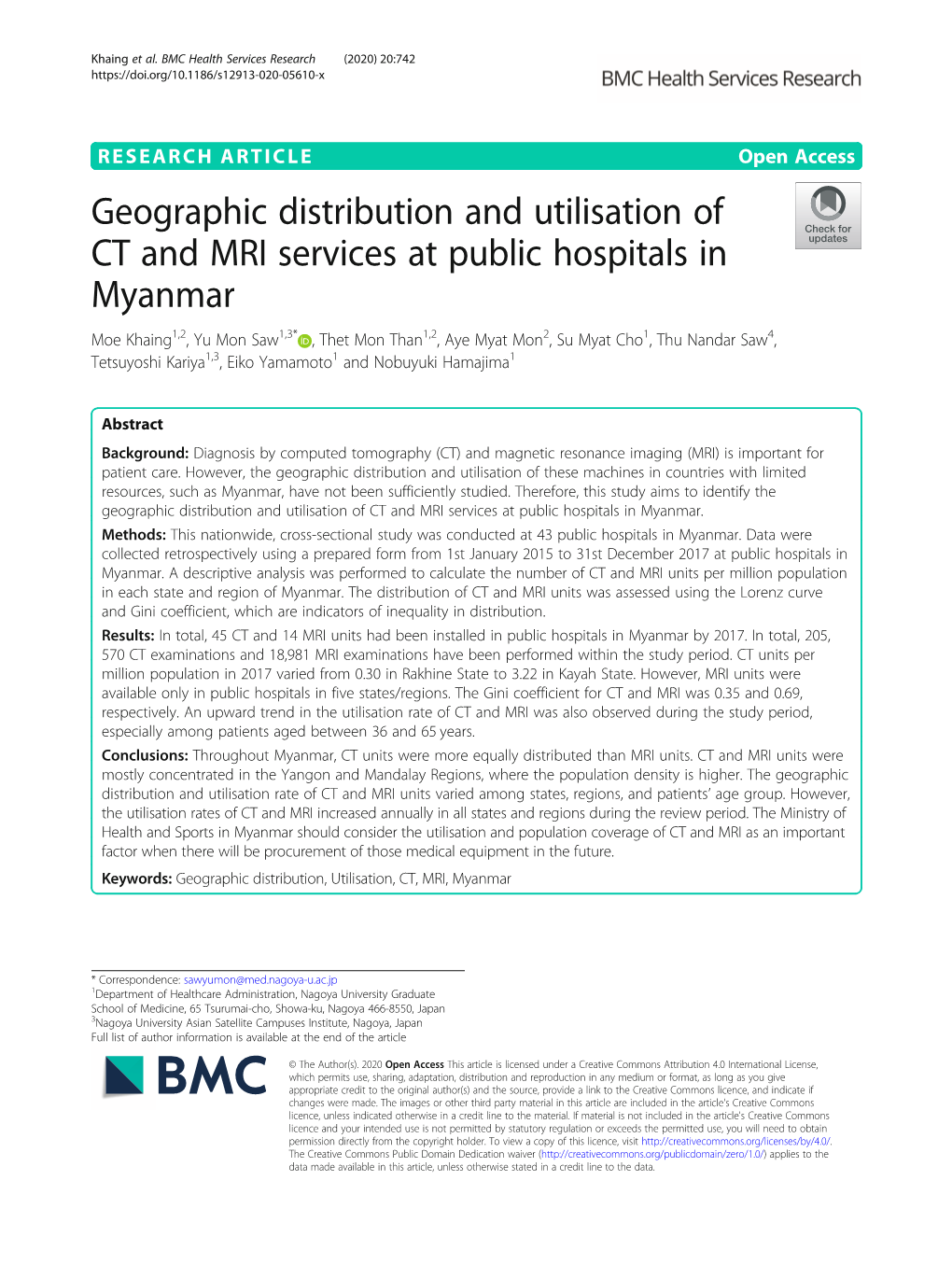 Geographic Distribution and Utilisation of CT and MRI Services at Public Hospitals in Myanmar