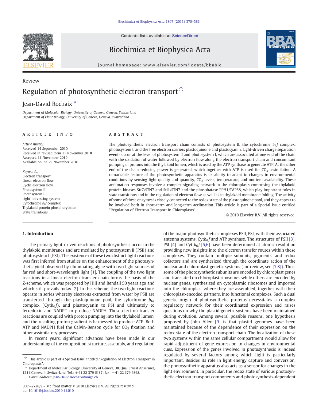 Regulation of Photosynthetic Electron Transport☆