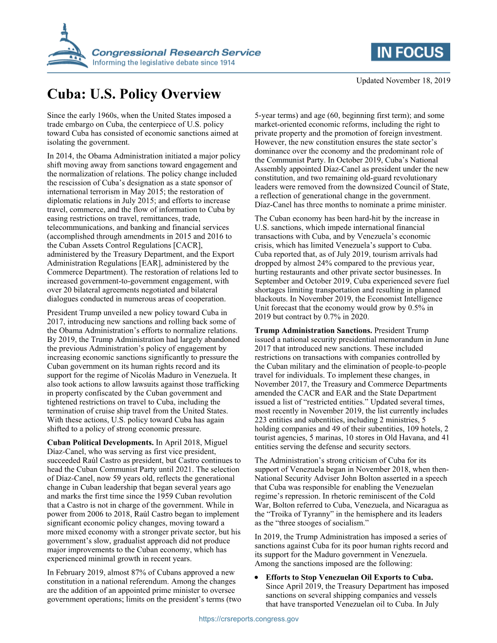 Cuba: U.S. Policy Overview