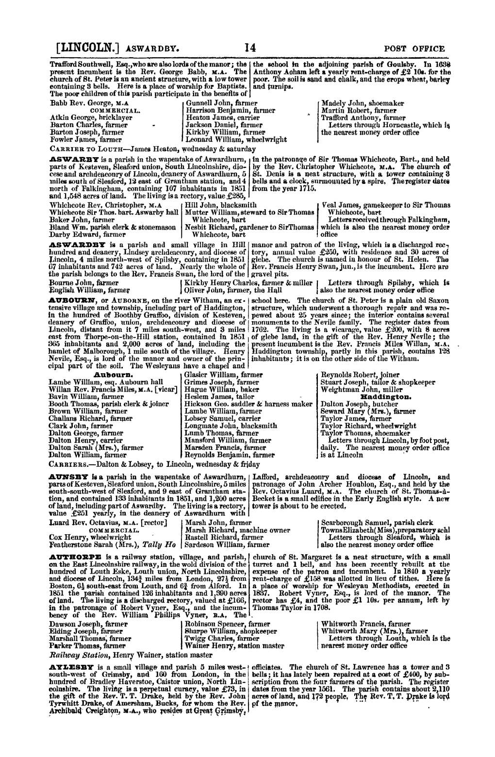 ASWARDBY. 14 POST OFFICE Traffordsouthwell, Esq.,Who Are Also Lordi of the Manor; the the 110Hool in the Adjoining Parish of Goulsby