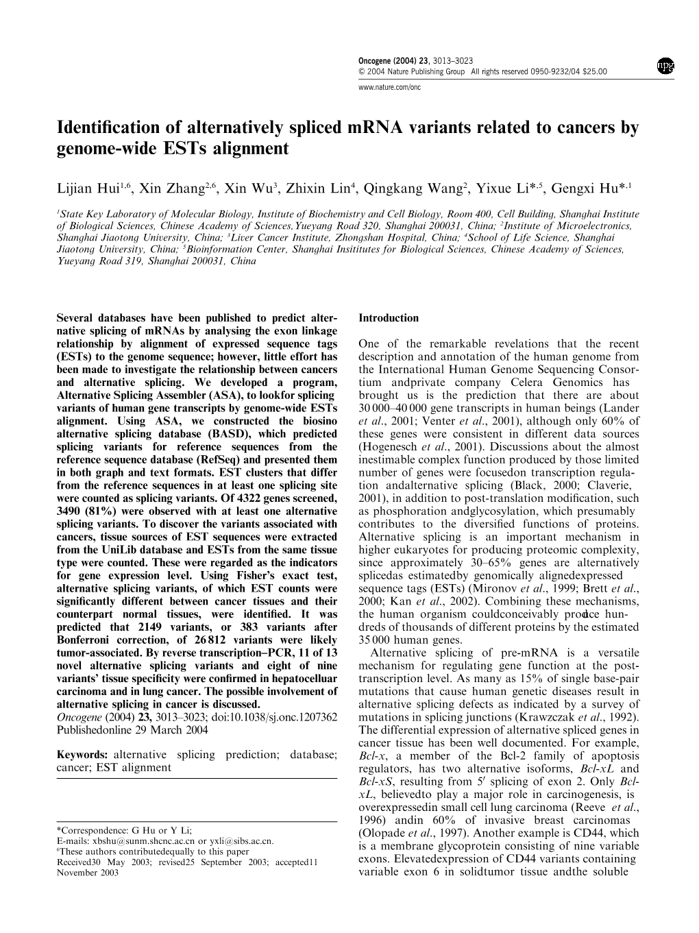 Identification of Alternatively Spliced Mrna Variants Related to Cancers