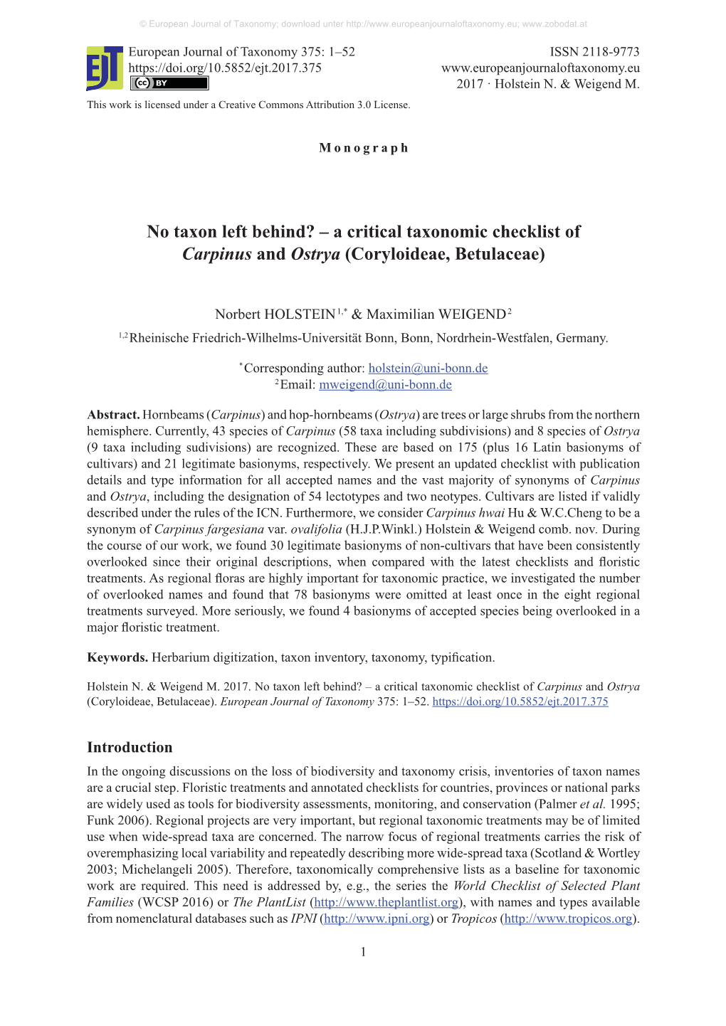 A Critical Taxonomic Checklist of Carpinus and Ostrya (Coryloideae, Betulaceae)