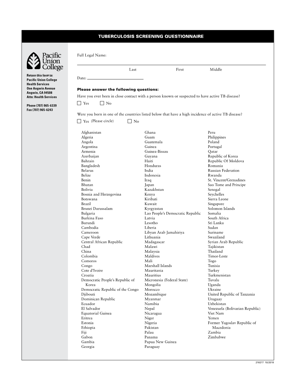 Tuberculosis Screening Questionnaire