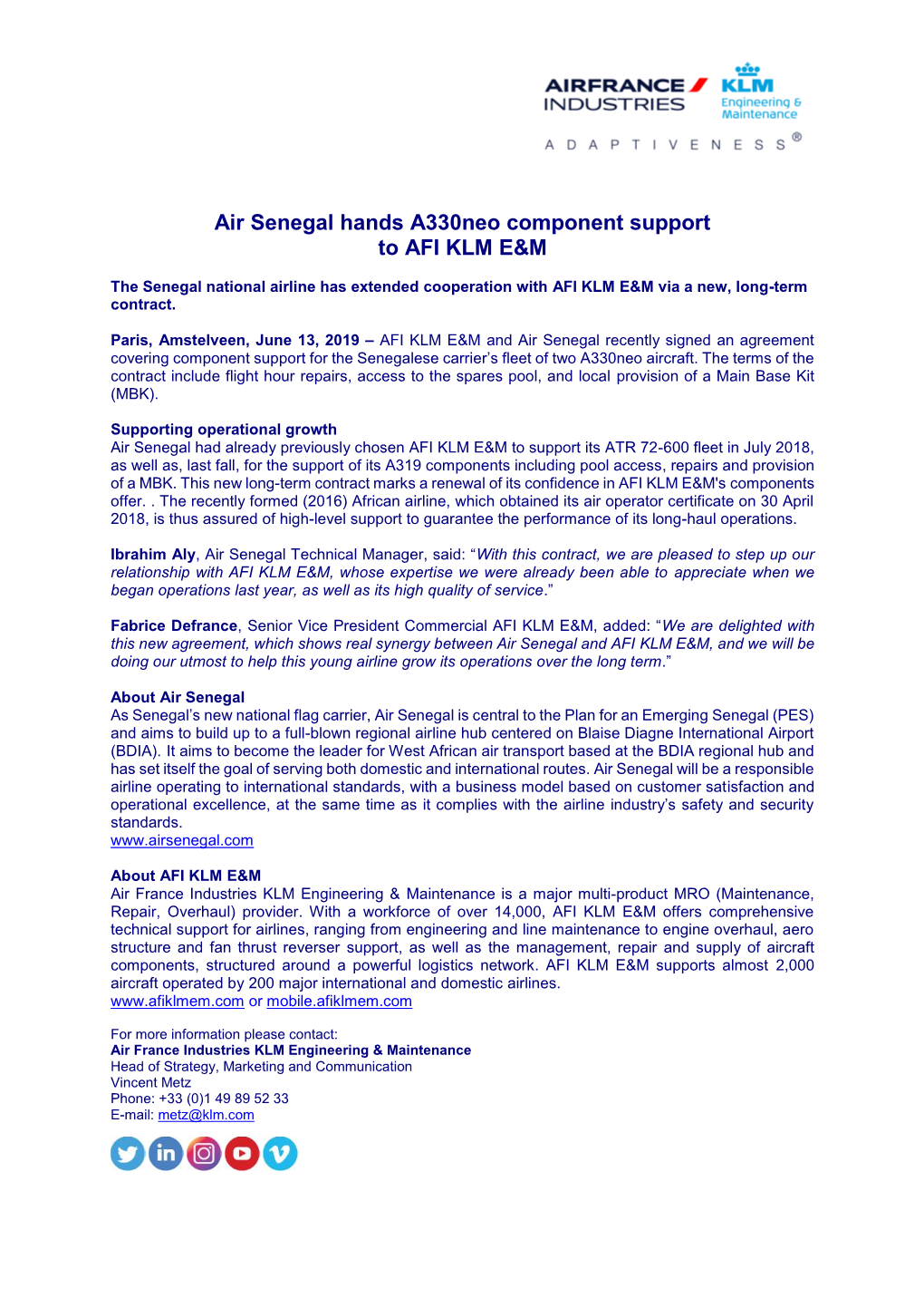 Air Senegal Hands A330neo Component Support to AFI KLM E&M