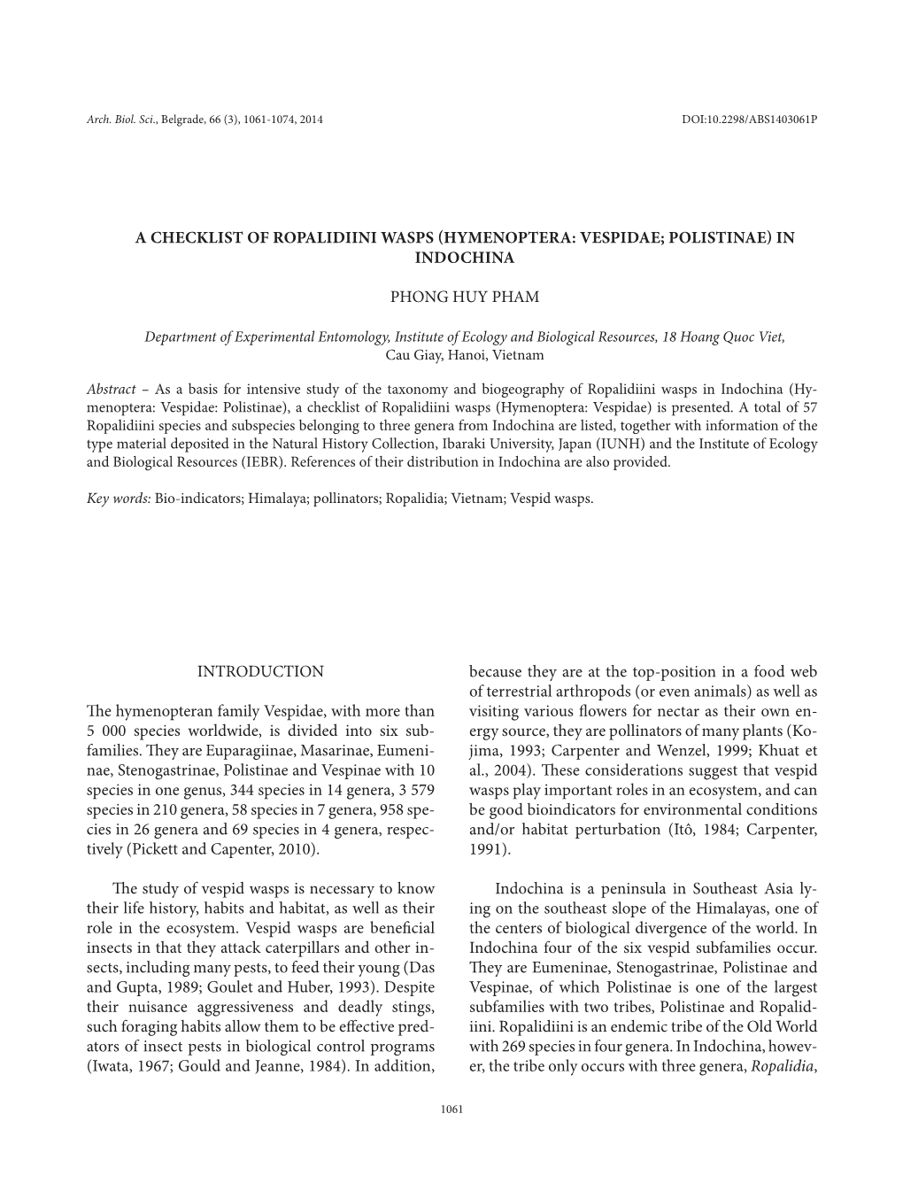 A Checklist of Ropalidiini Wasps (Hymenoptera: Vespidae; Polistinae) in Indochina