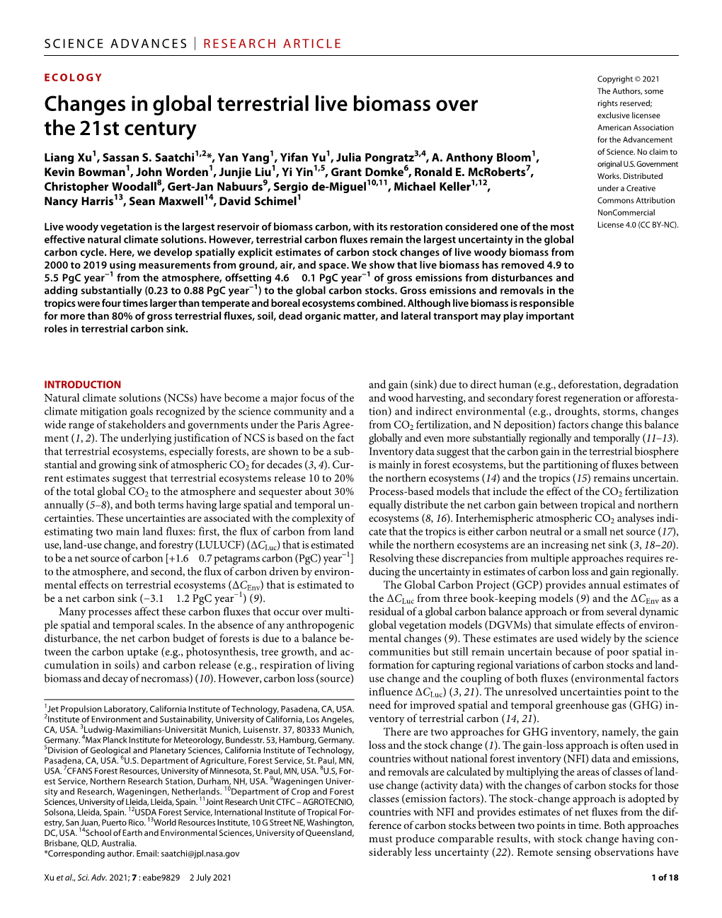 Changes in Global Terrestrial Live Biomass Over the 21St Century