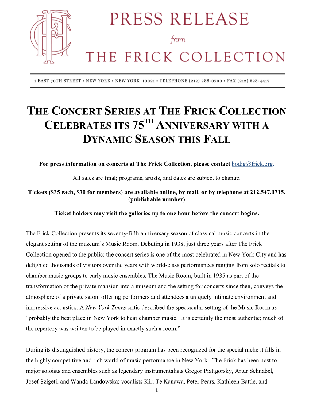 The Concert Series at the Frick Collection Th Celebrates Its 75 Anniversary with a Dynamic Season This Fall