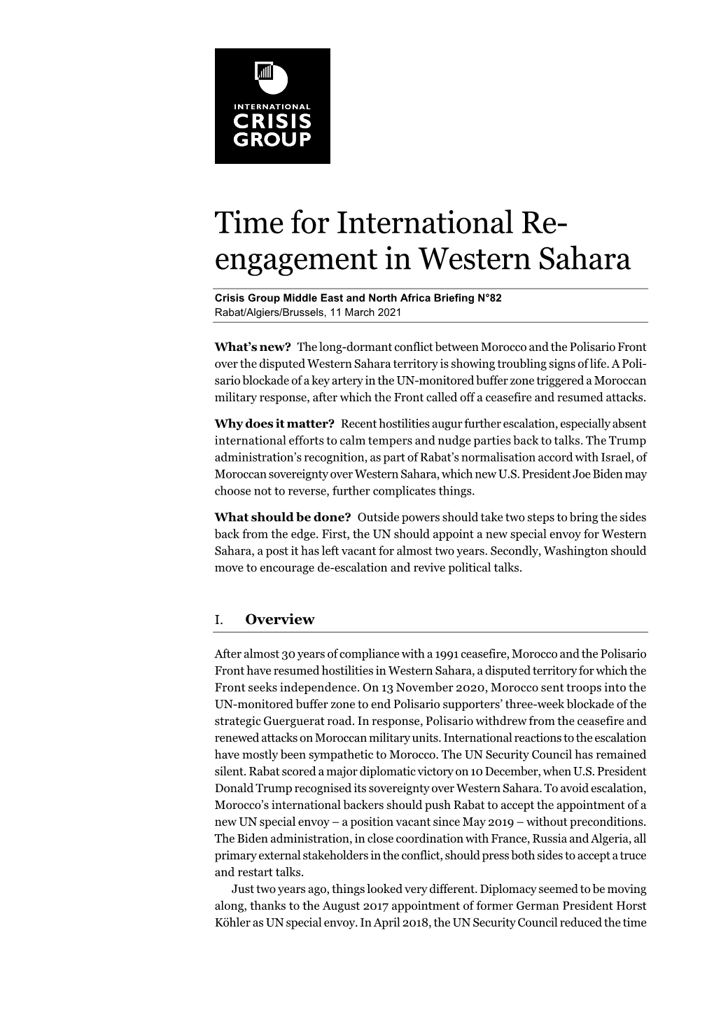 Time for International Re-Engagement in Western Sahara Crisis Group Middle East and North Africa Briefing N°82, 11 March 2021 Page 2