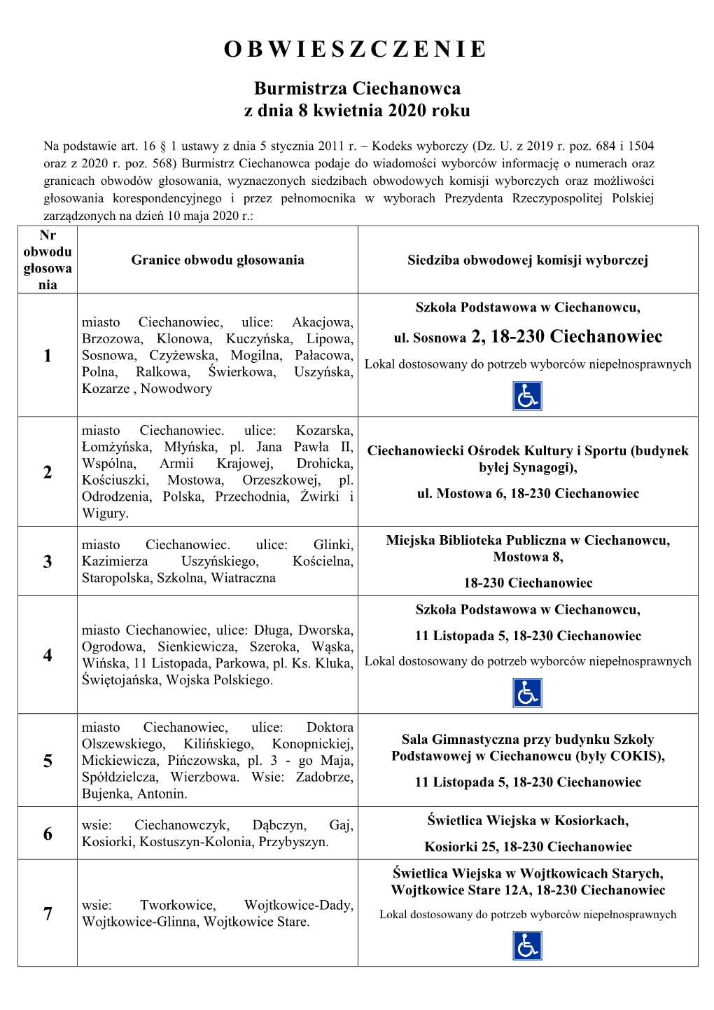 OBWIESZCZENIE Burmistrza Ciechanowca Z Dnia 8 Kwietnia 2020 Roku