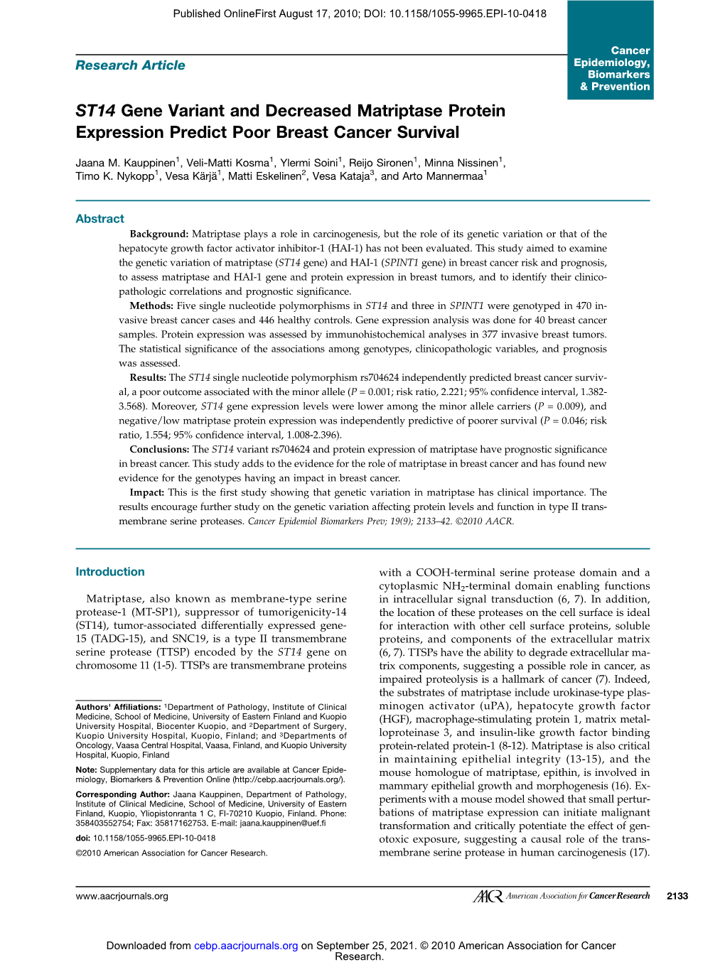 ST14 Gene Variant and Decreased Matriptase Protein Expression Predict Poor Breast Cancer Survival