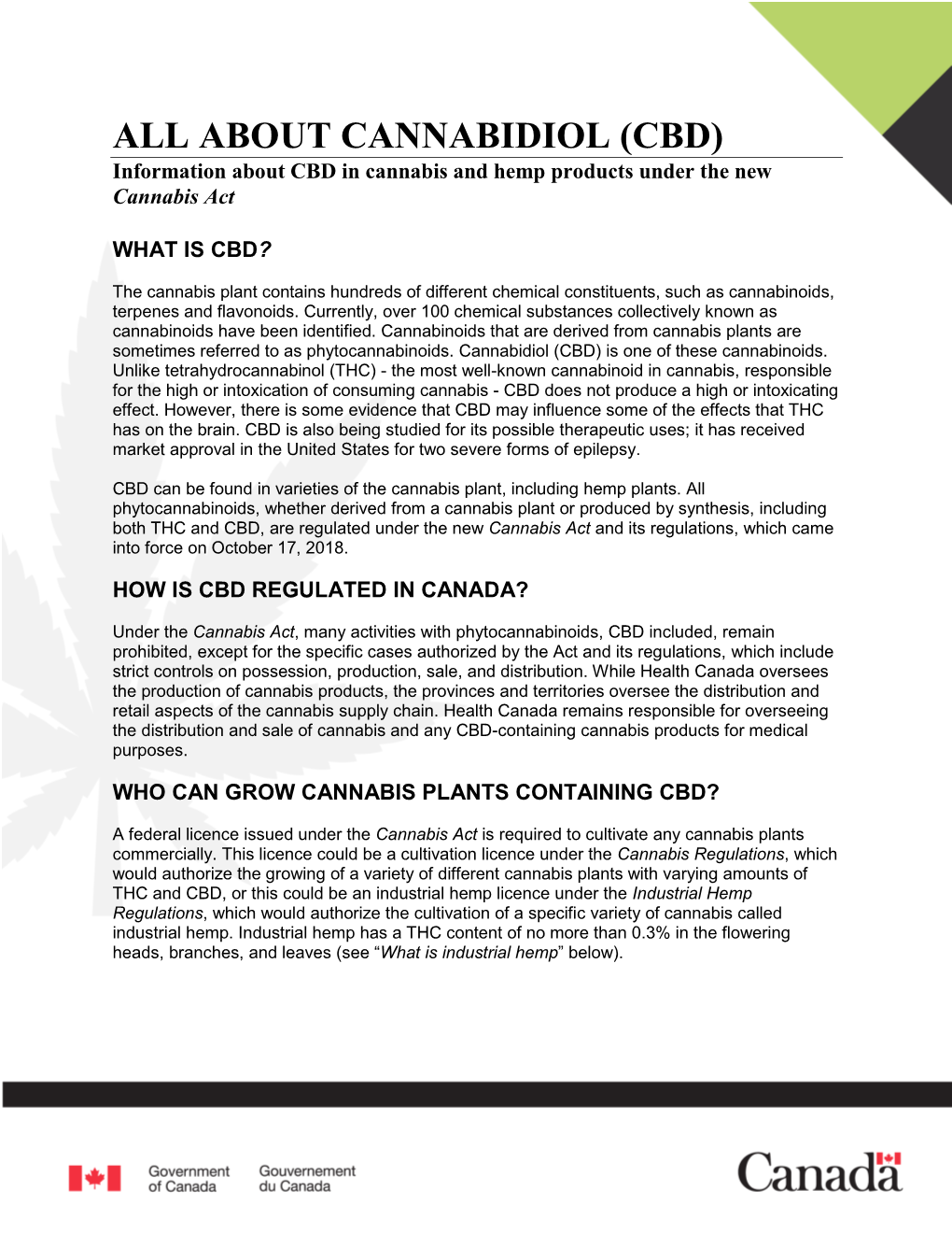 CBD) Information About CBD in Cannabis and Hemp Products Under the New Cannabis Act